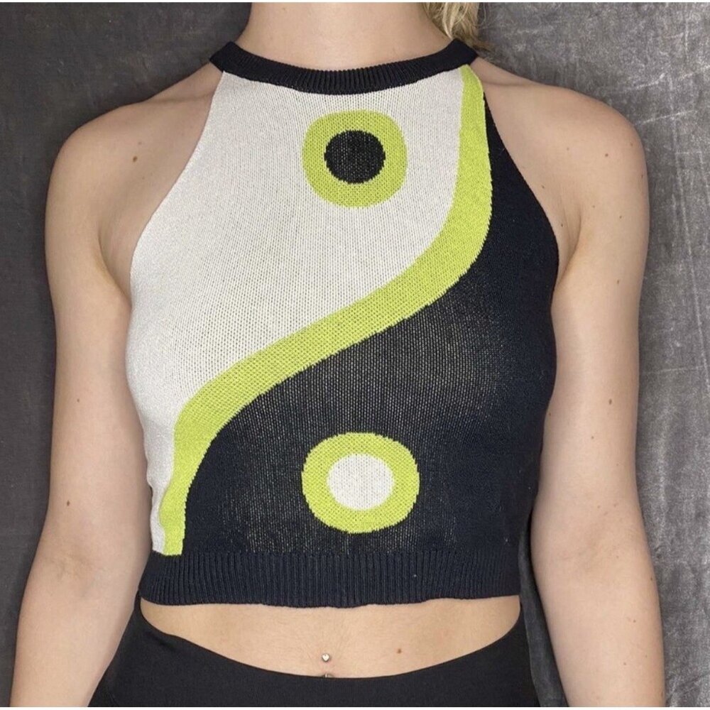 Witty Fox Ying &‎ Yang Cropped Tank in Green and Black, Women’s Medium